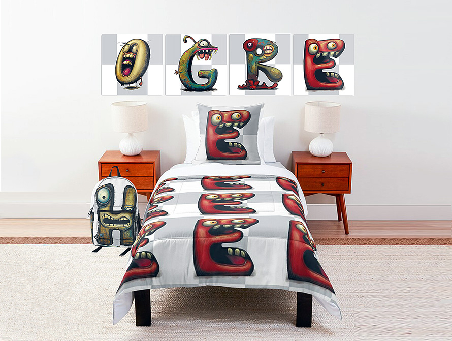Ogres letters bedroom with comforter, throw pillow, posters, backpack and throw pillow