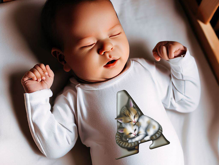 Sleeping infant wearing a long-sleeved baby onesie imprinted with a Kittens letter