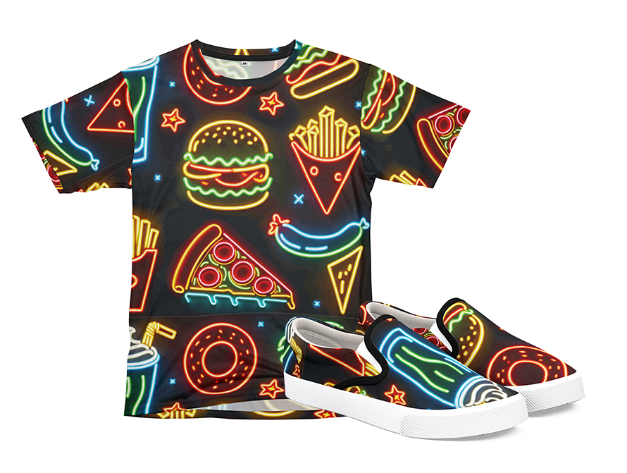 Neon picture shoes and allover print shirt