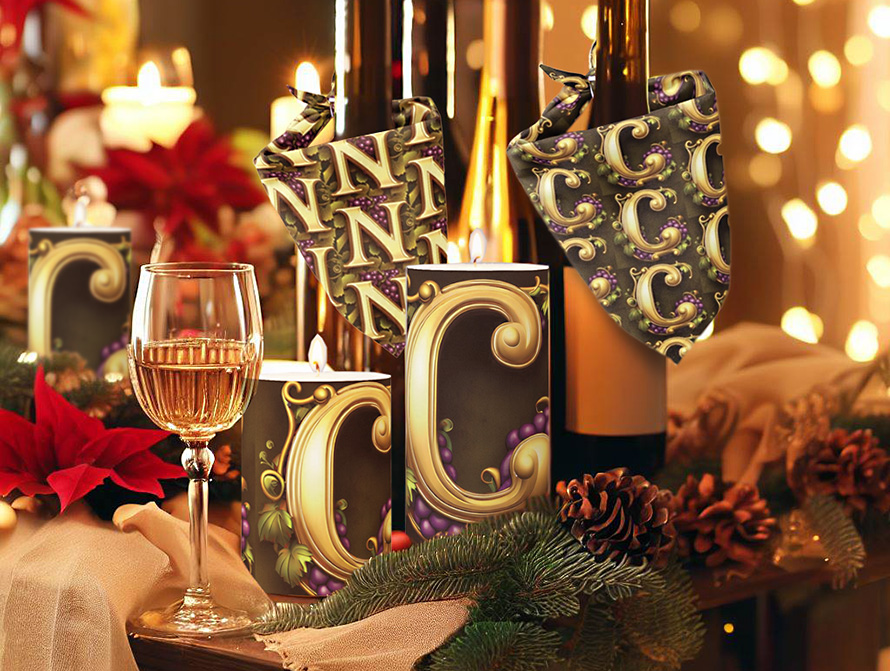 Candle-lit holiday party sideboard decorated with Ornate letter products