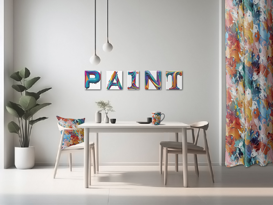 Paint letter canvas art prints, curtain, coffee cup and pillow