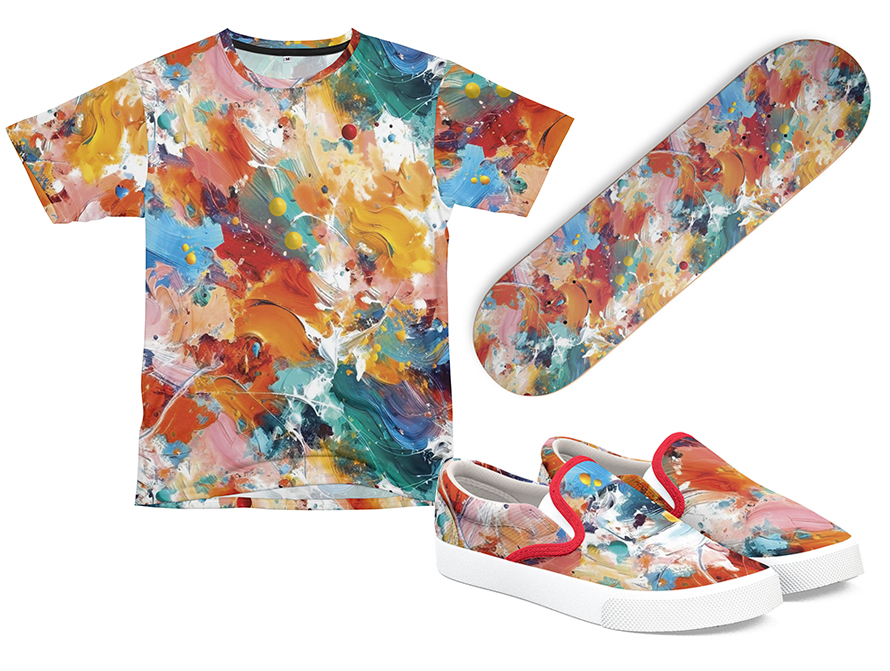 Paint Allover Print T-shirt, Deck Shoes and Skate Board