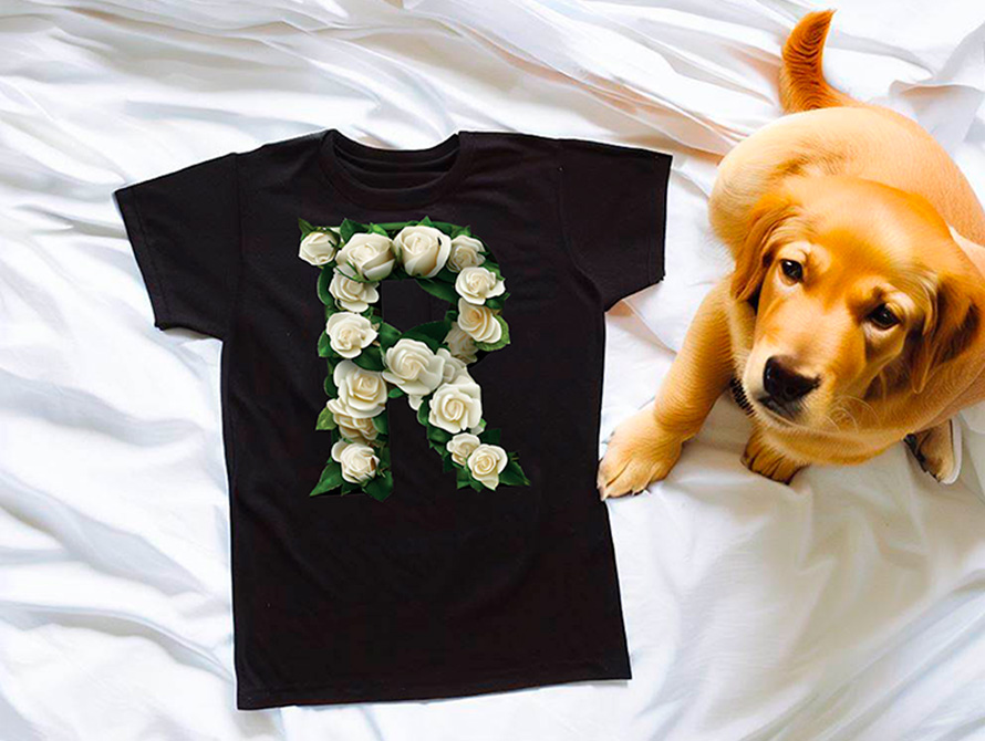 Black t-shirt with Roses letter, a dog sitting beside it