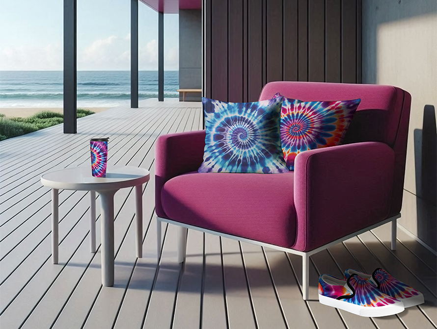 Beach house porch chair with tie dye pillow, shoes and coffee cup