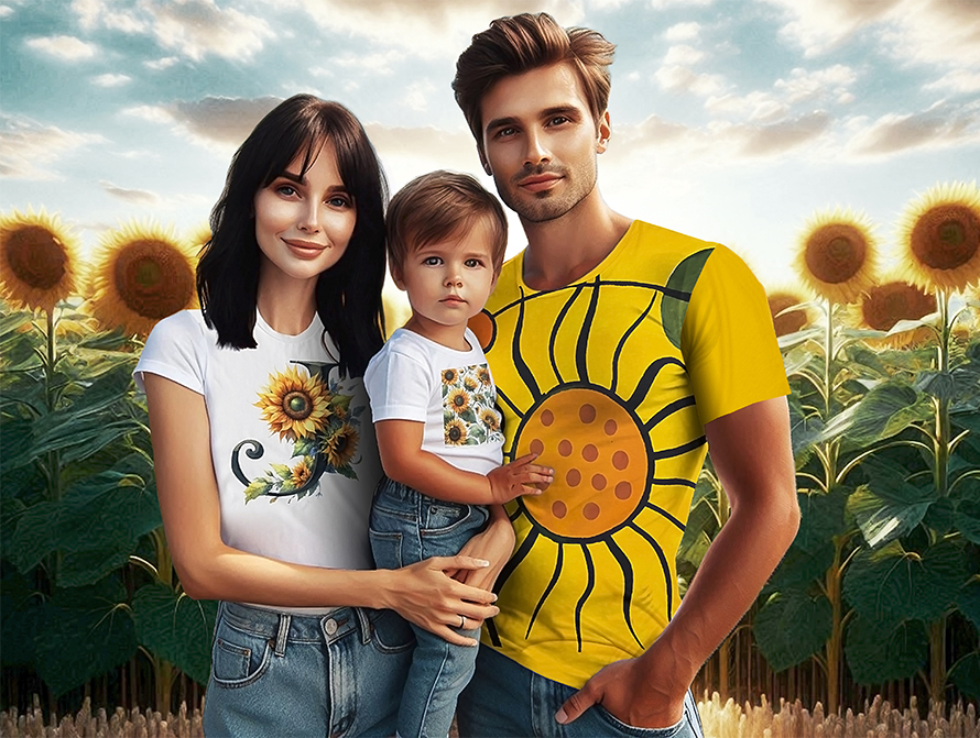 Young family standing in front of a field of sunflowers