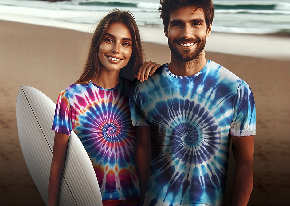 Two people in tie-dye t-shirts at the beach