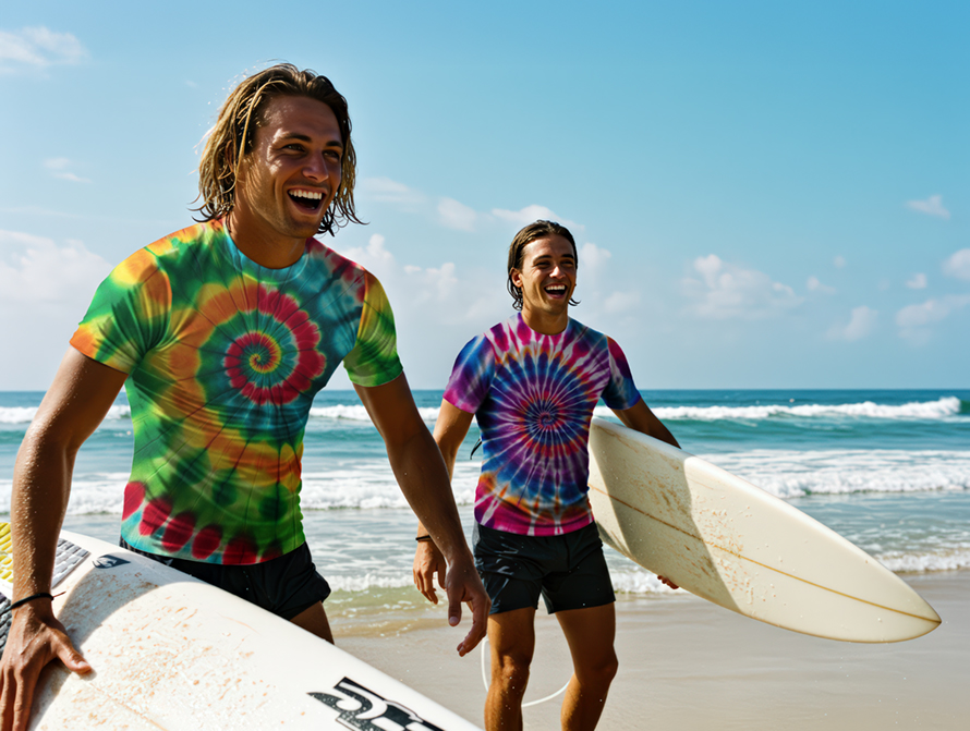 Two people in tie-dye t-shirts at the beach
