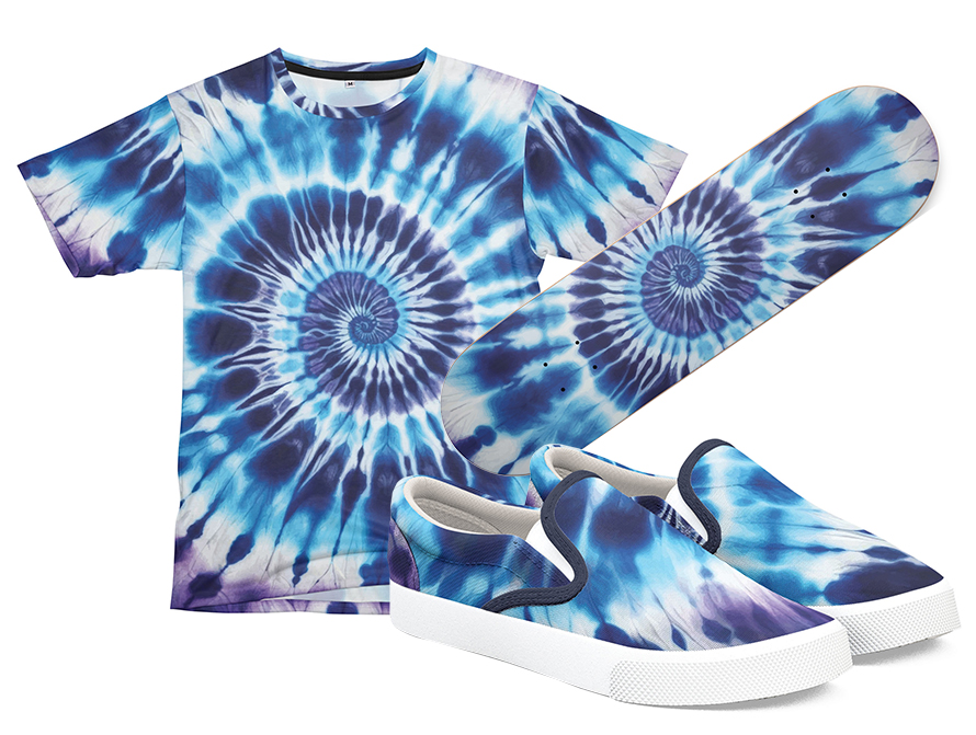 Tie-Dye Shirt, Shoes and Skateboard