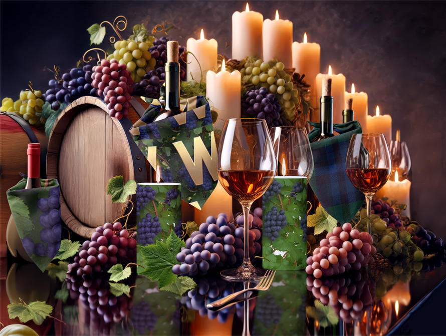 Vineyard buffet pillar candles and wine bandanas