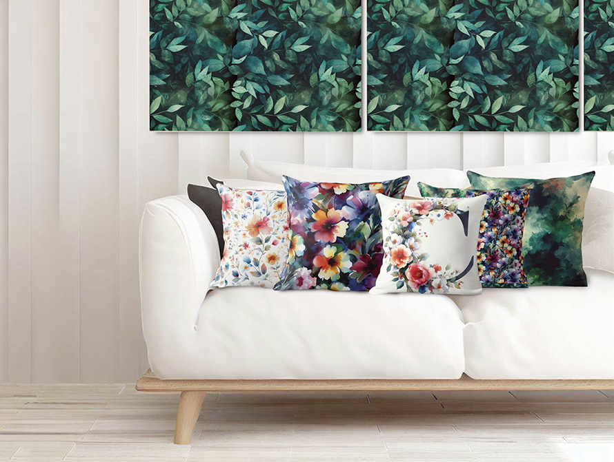 Watercolor pillows and wall art