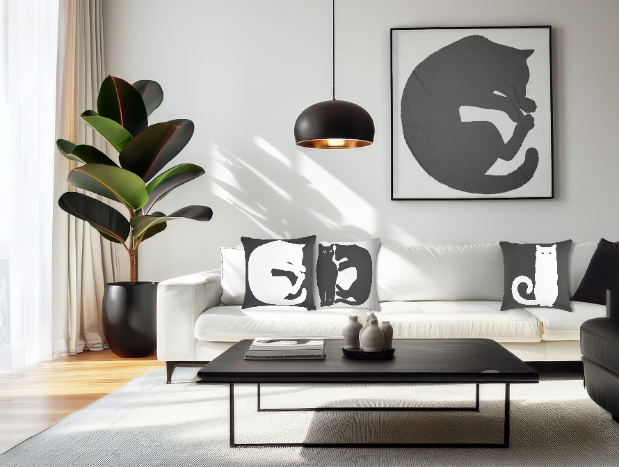Living room decorated with Black Cats Designs