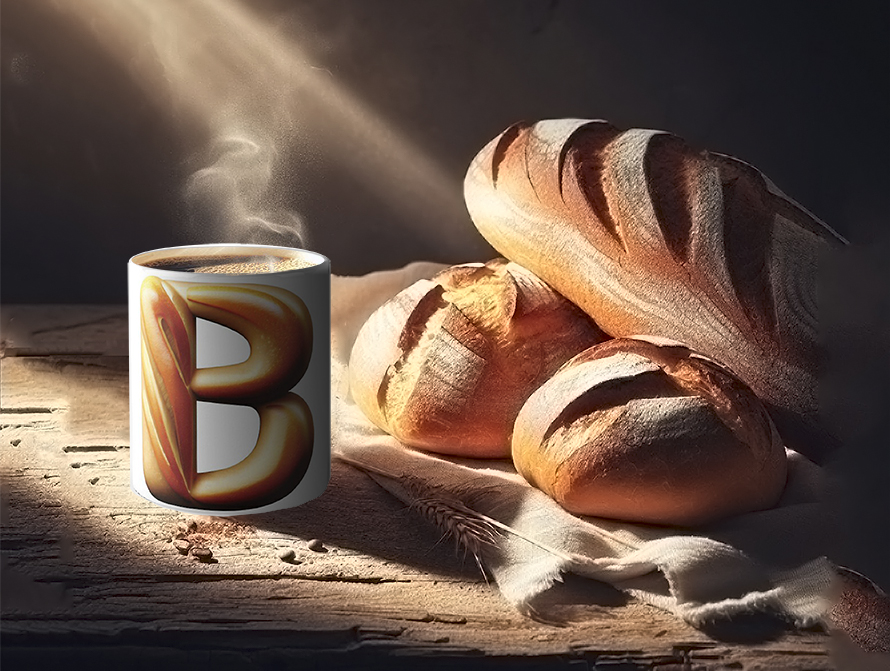 Ceramic mug imprinted with Bread type on a kitchen counter