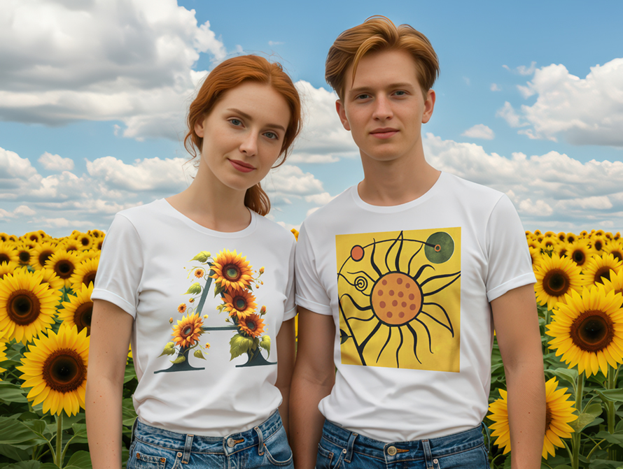 Young couple standing in front of a field of sunflowers